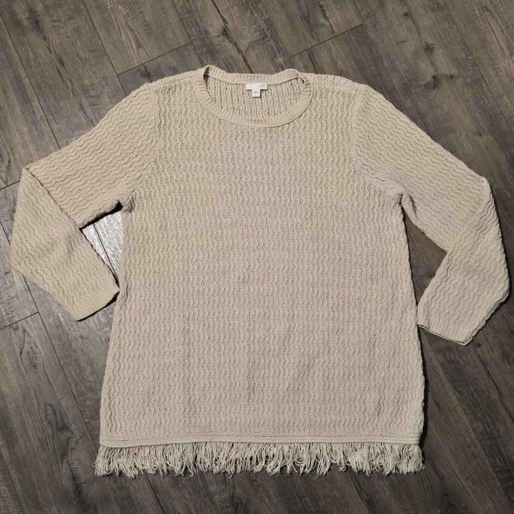 J Jill Knit Sweater L Cream Tunic Pullover Fringe Cotton Blend Casual Boho Women